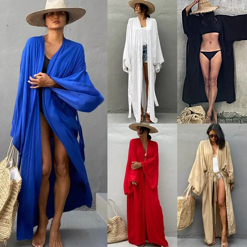 Summer Clothing Wraps - Женское пляжное кимоно-кардиган, однотонное, длинное, с