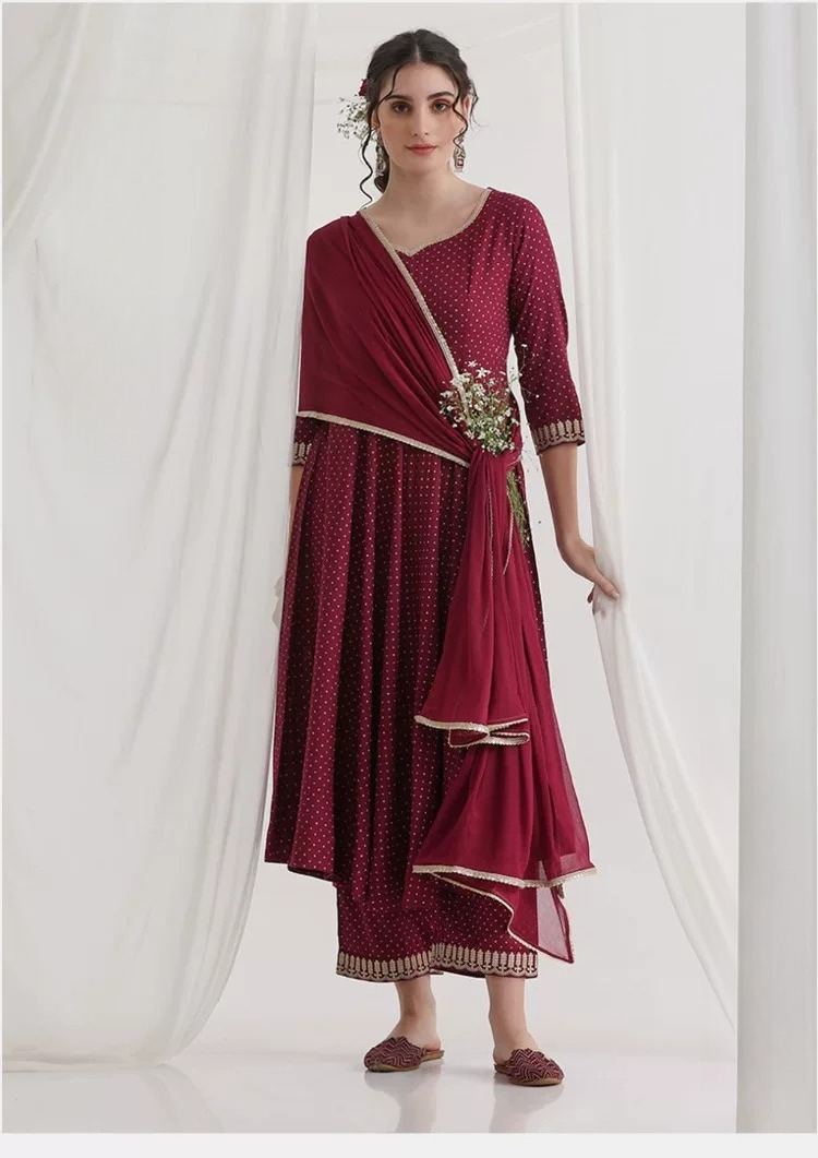 Summer Clothing Pakistan - Женский бордовый этнический комплект курты с